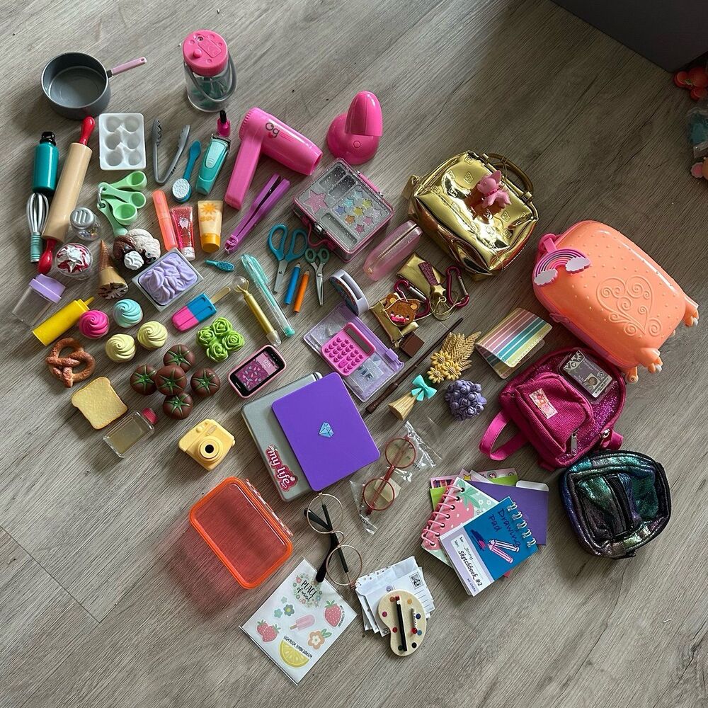 Huge 18” Doll Accessories Lot - Light Up Firefly Jar Lamp Laptops Food Bags